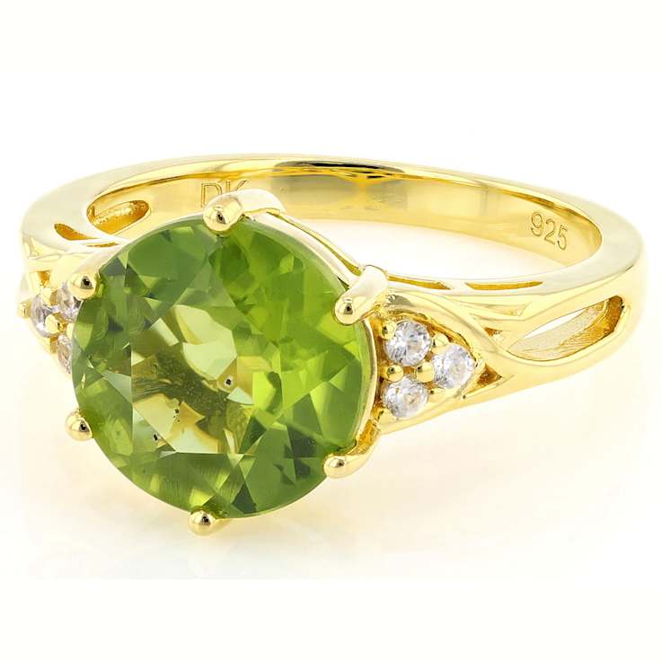 Peridot Round And White Zircon Ring In 18K Gold Over Sterling Silver 3.33ctw