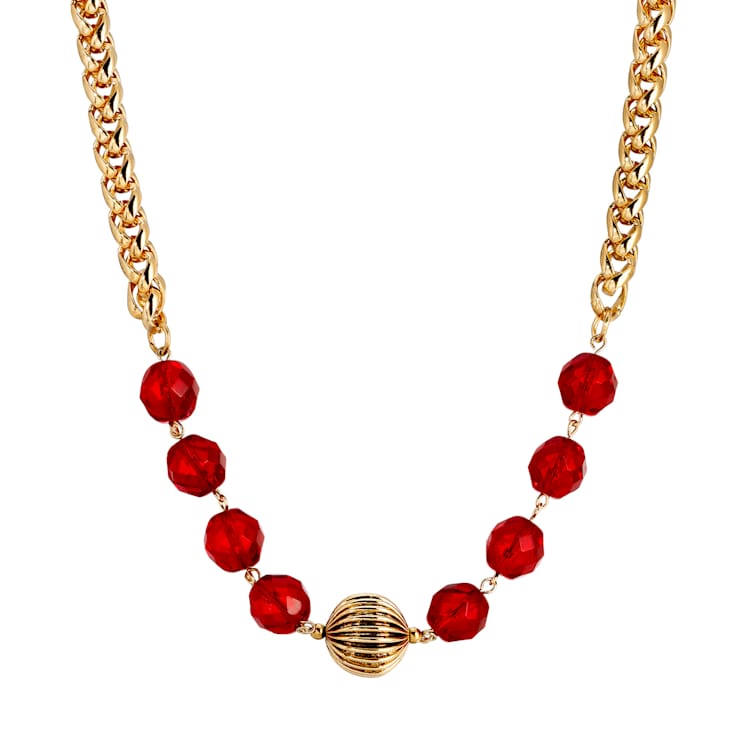 Yellow Base Metal With 14K Gold Dipped Red Glass and Gold Bead Necklace
16 inch Adj.