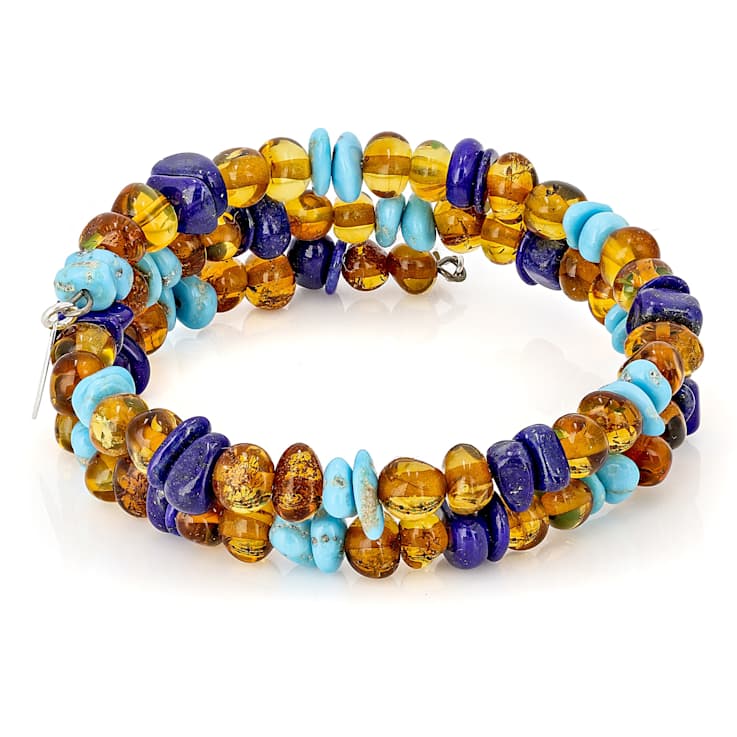 Sleeping Beauty Turquoise, Amber And Lapis Nugget Coil Bracelet