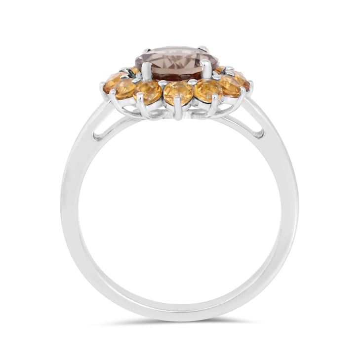 Brown Smoky Quartz and Citrine Rhodium Over Sterling Silver Flower
Design Ring