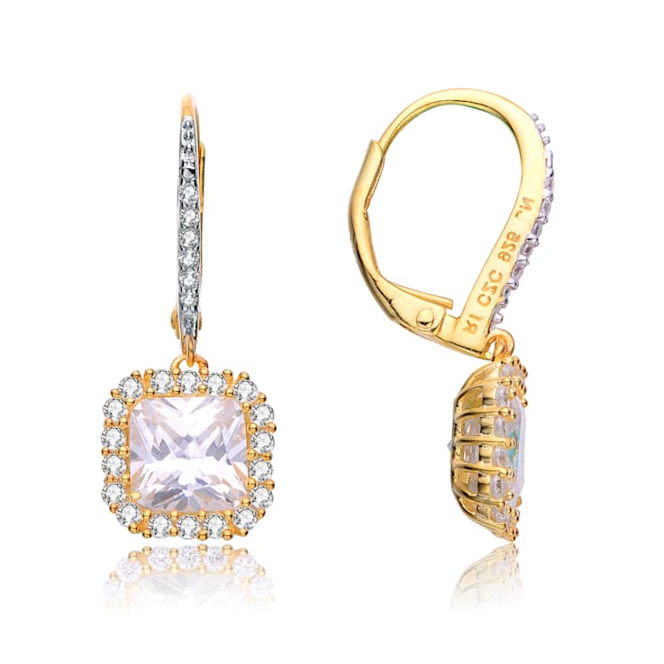 Square CZ Halo Drop Earrings In 14K Gold Over Sterling Silver