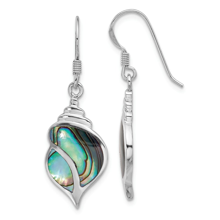 Rhodium Over Sterling Silver Polished Abalone Dangle Shell Earrings