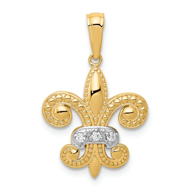 14k Yellow Gold and Rhodium Over 14k Yellow Gold Polished Textured
Diamond Fleur De Lis Pendant