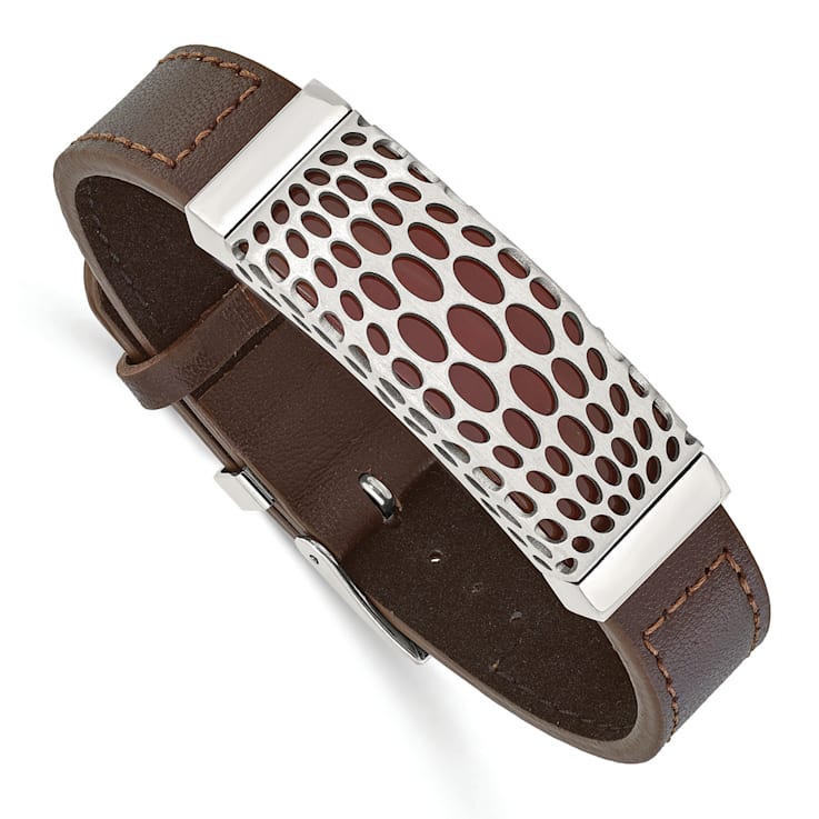 Brown Leather and Stainless Steel Red Agate 7-9-inch Bracelet