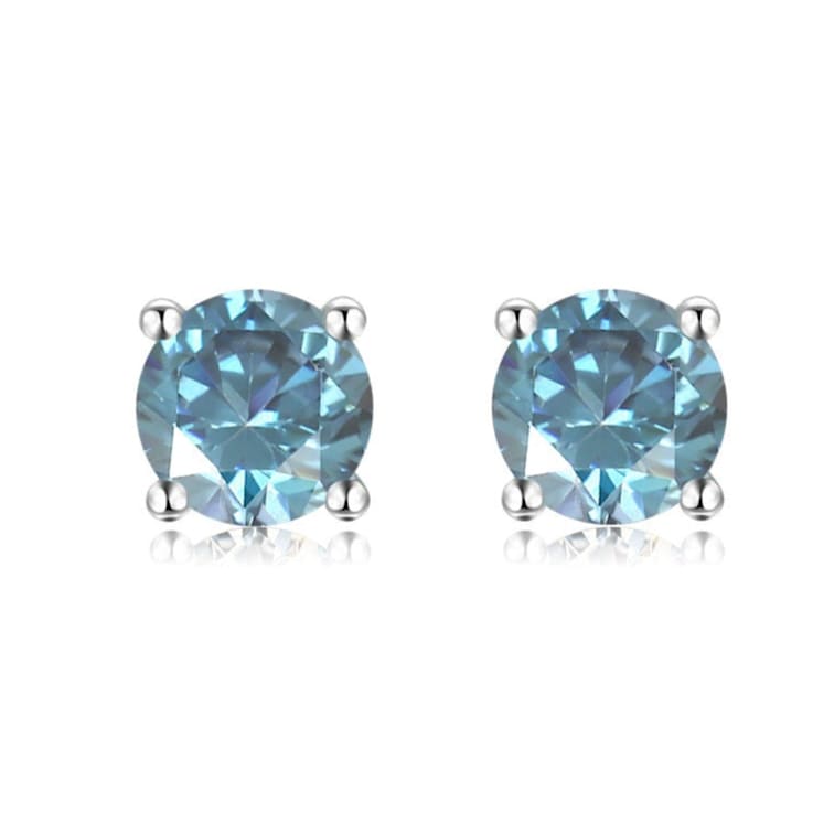 Blue Moissanite Sterling Silver Solitaire Minimalist Stud Earrings
