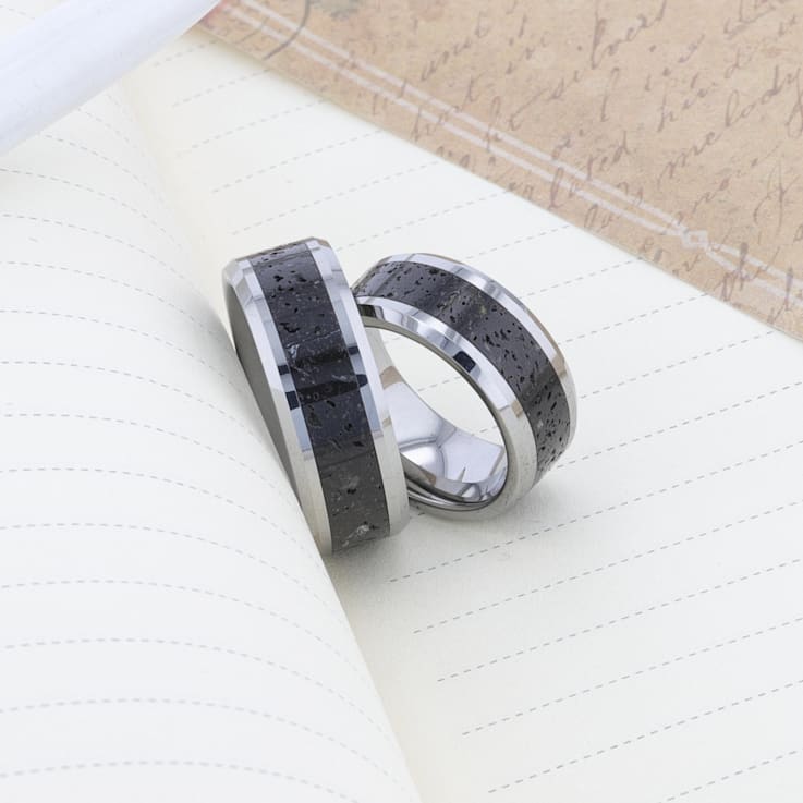 KILAUEA Men’s Polished Tungsten Wedding Band with Lava Rock Stone Inlay
w/Polished Beveled Edges 8mm