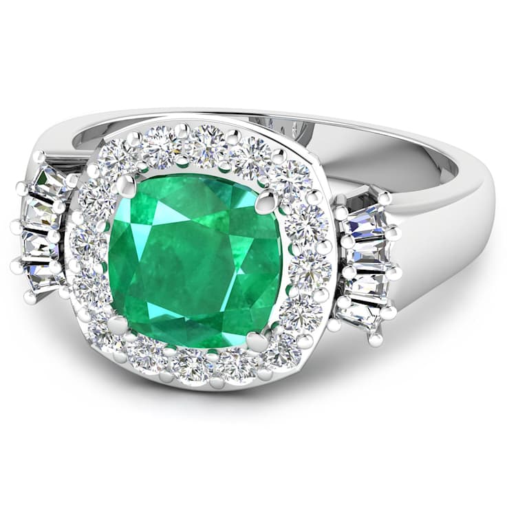 2.8ctw Green Emerald and Diamond 14K White Gold Halo Ring