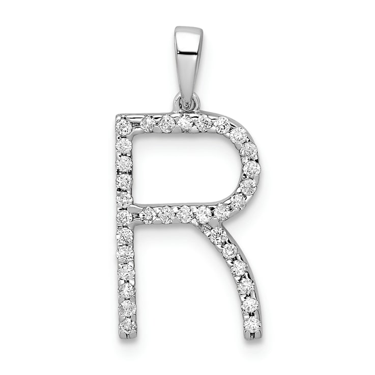 Rhodium Over 14K White Gold Diamond Letter R Initial Pendant
