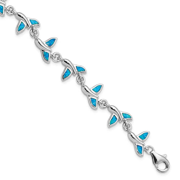Rhodium Over Sterling Silver Lab Created Opal Whale Tail 7.75 Inch Bracelet