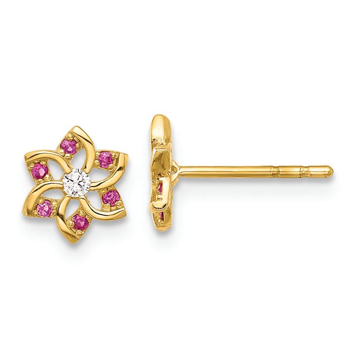 14k Yellow Gold Polished Red and White Cubic Zirconia 6.5mm Flower Stud Earrings