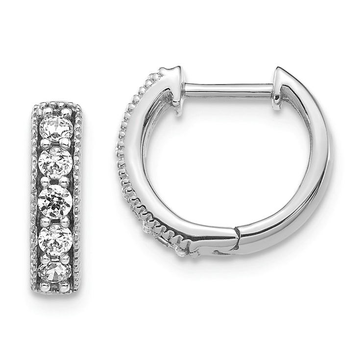 Rhodium Over 14K White Gold Lab Grown Diamond Milgrain Hinged Hoop Earrings