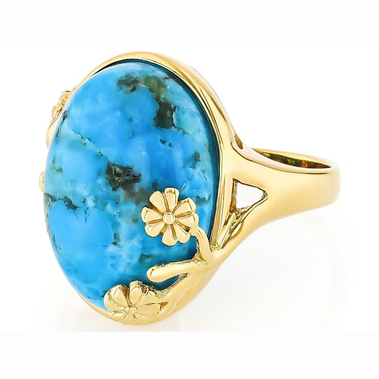 Turquoise Oval Ring With Flower Detail In 18K Gold Over Sterling Silver 18x13mm