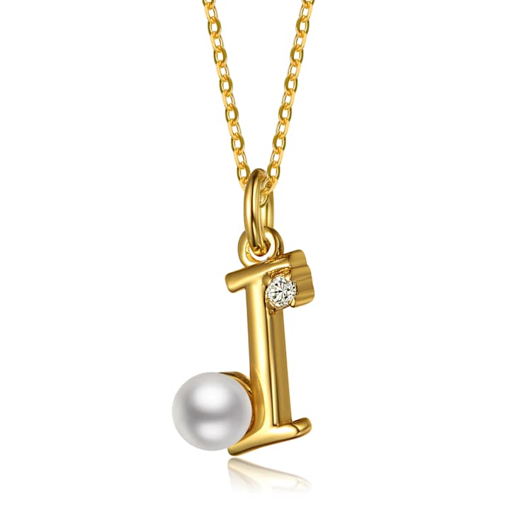 Initial I Pearl And CZ Pear Shape Pendant Necklace In 14K Gold Over Brass