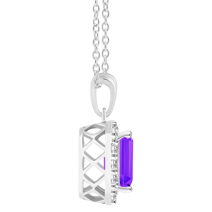 8x6mm Emerald Cut Amethyst and White Topaz Accent Rhodium Over Sterling
Silver Halo Pendant w/Chain