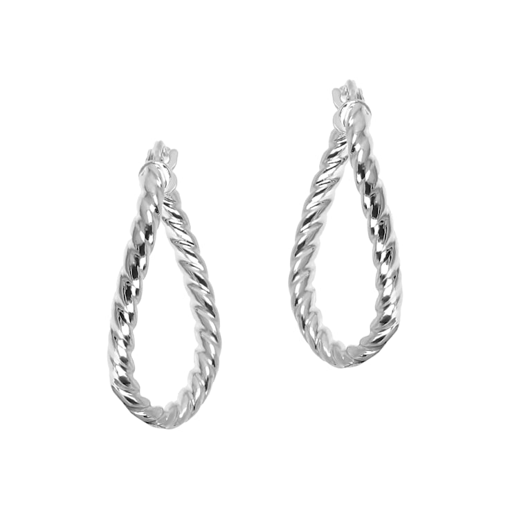 14K White Gold Twisted Wavy 3/4" Oval Hoop Earrings
