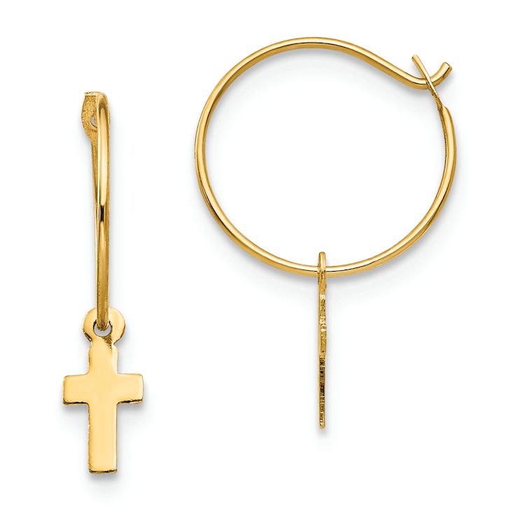 14k Yellow Gold Children's Endless Hoop with Small Cross Dangle Earrings
