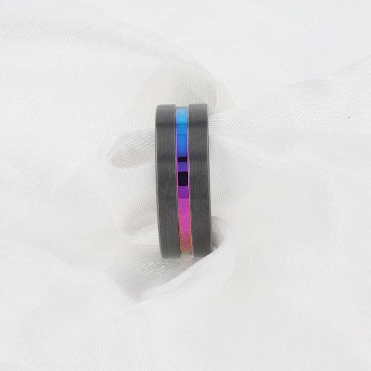 AZURE Flat Black Ceramic Ring Brushed with Rainbow Groove 8mm