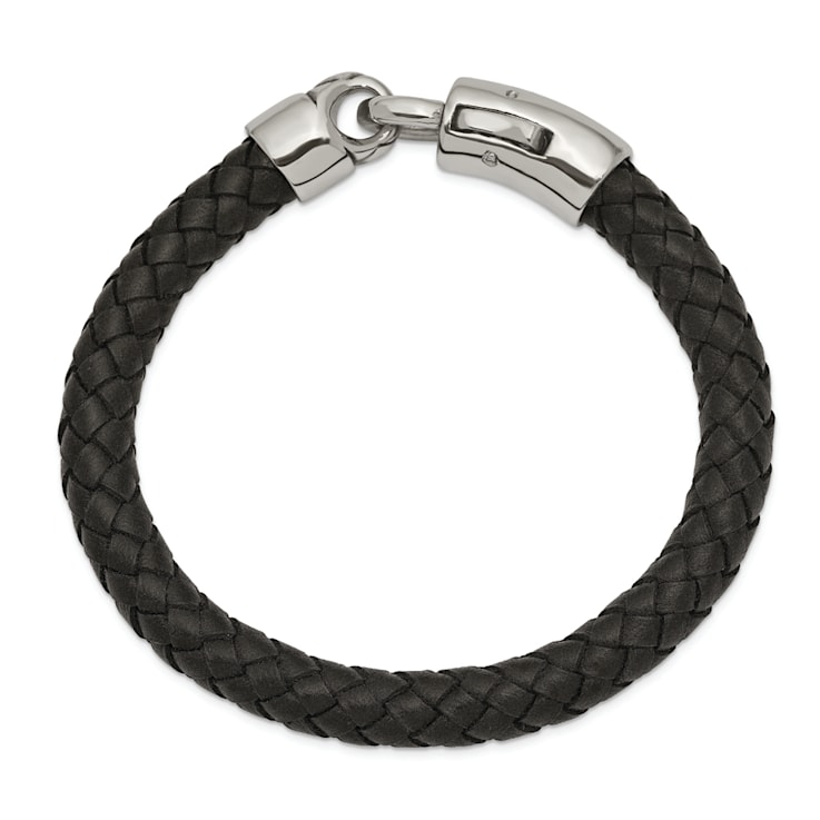 Black Leather and Stainless Steel Antiqued and Polished 8.25-inch Bracelet