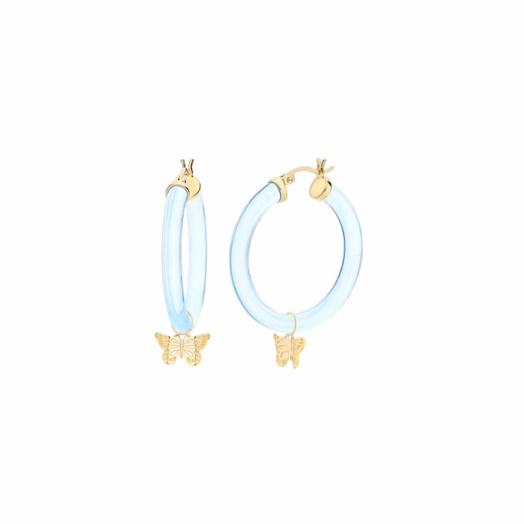14K Yellow Gold Over Sterling Silver Acrylic Mini Butterfly Charm Hoop
Earrings in Pastel Blue