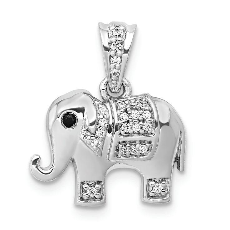 Rhodium Over 14k White Gold Black and White Diamond Elephant Pendant