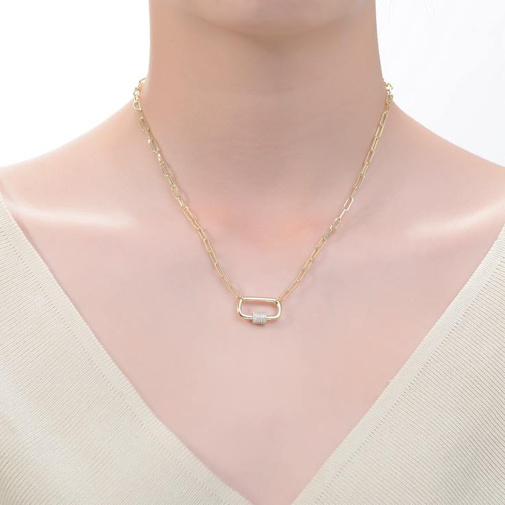 Pave CZ Paperclip Link Charm Necklace In 14K Gold Over Brass 16 Inch