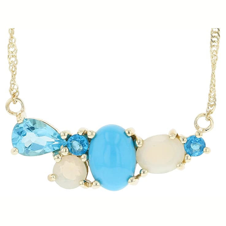Turquoise, Opal and Topaz Bar Necklace In Solid 10K Yellow Gold 18 Inch