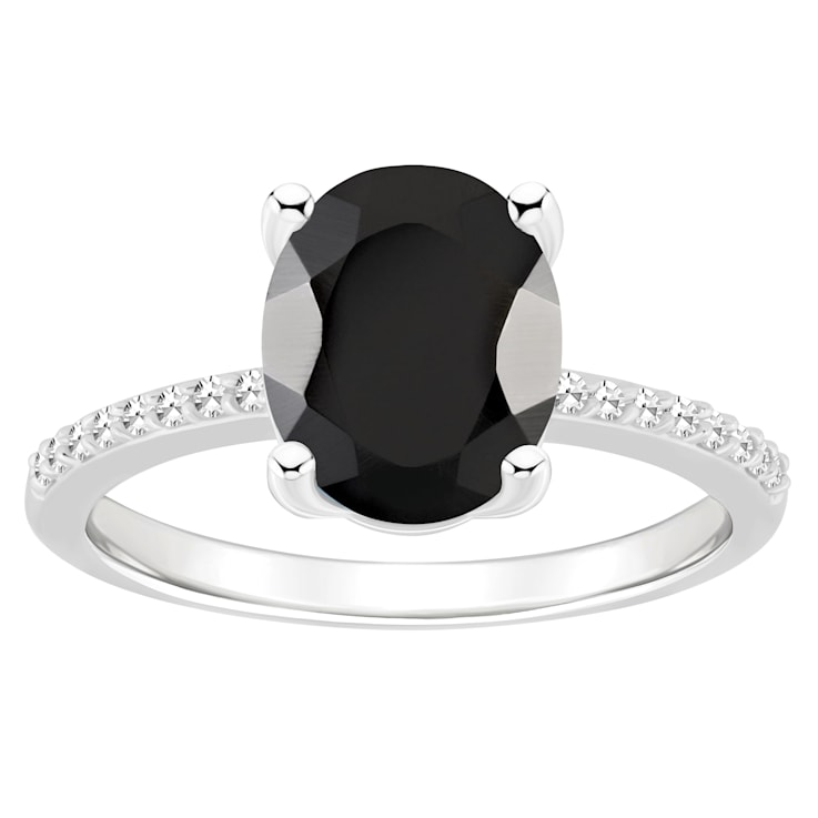 10x8mm Oval Black Onyx and 1/10 ctw Diamond Rhodium Over Sterling Silver Ring