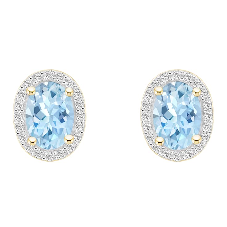 7x5mm Oval Simulated Aquamarine And Created White Sapphire 10k Yellow
Gold Halo Stud Earrings
