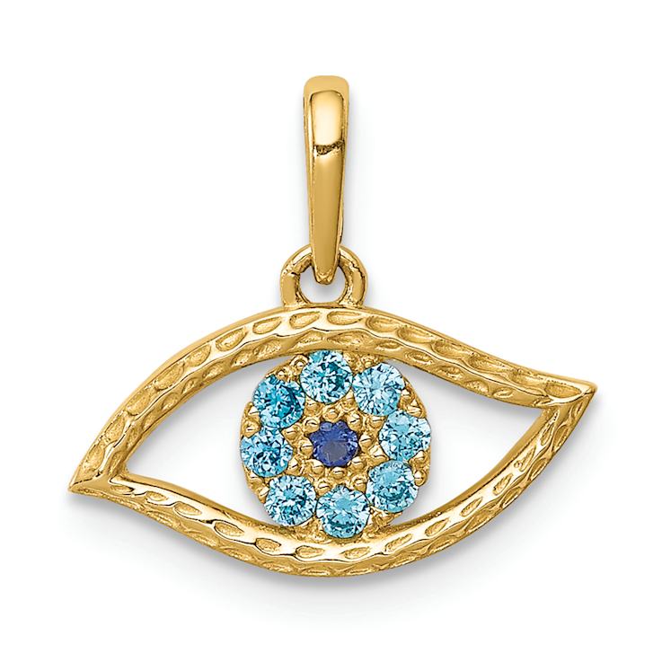 14k Yellow Gold Textured Blue Cubic Zirconia Eye Pendant