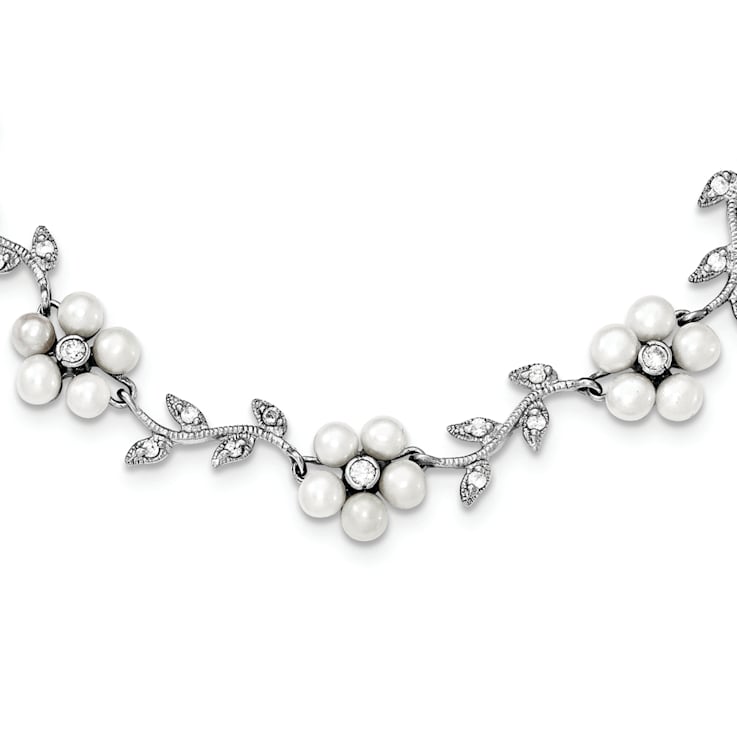 Rhodium Over Sterling Silver FW Cultured Pearl and Cubic Zirconia Floral Necklace