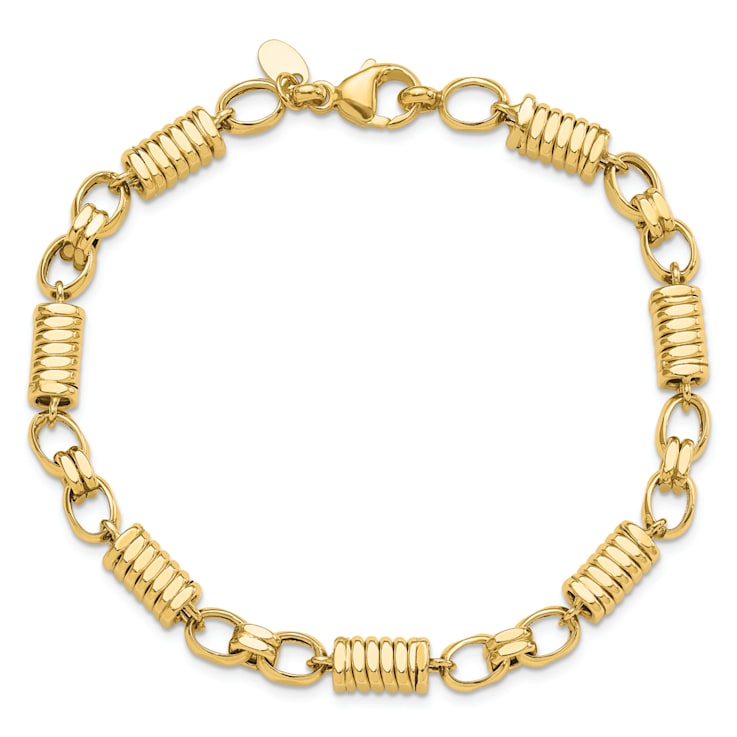 14K Yellow Gold Polished and Grooved Fancy Link Men's Bracelet
