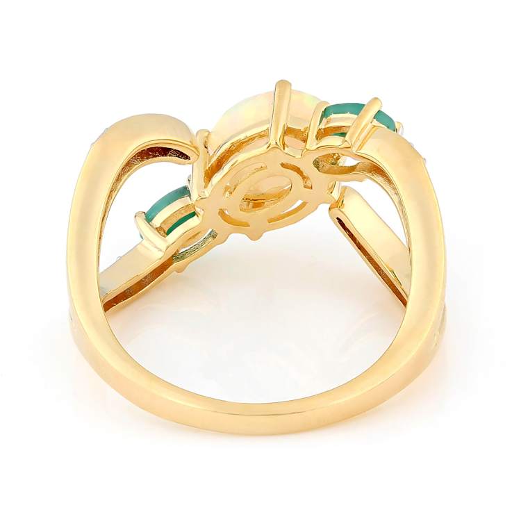 Opal, Emerald And White Zircon Ring In 18K Gold Over Sterling Silver 1.15ctw