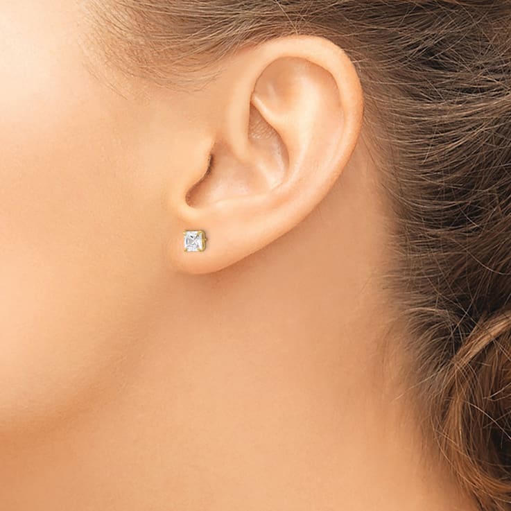 14K Yellow Gold 5mm Square Cubic Zirconia Basket Set Stud Earrings