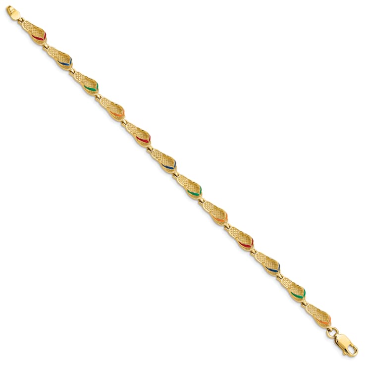 14k Yellow Gold Textured Multi-Color Enamel Flip Flop Bracelet
