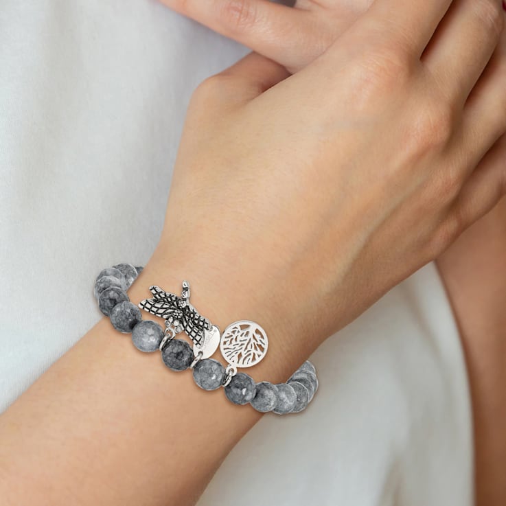 Stainless Steel Antiqued and Polished Dragonfly Grey Dyed Jade Bracelet