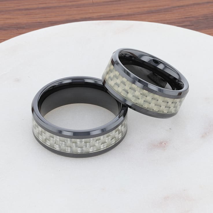 MYSTIQUE Beveled White Carbon Fiber Inlaid Ceramic Ring 8mm
