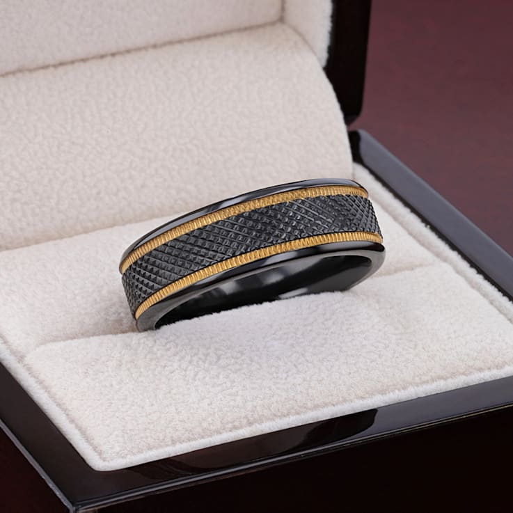 BAROQUE Black Titanium Diamond Pattern Brushed Finish Men’s Wedding Ring
with Milgrain Grooves 8mm