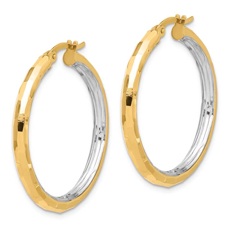 14k Two-tone 1 5/16" Polished and Diamond-Cut Hoop Earrings
