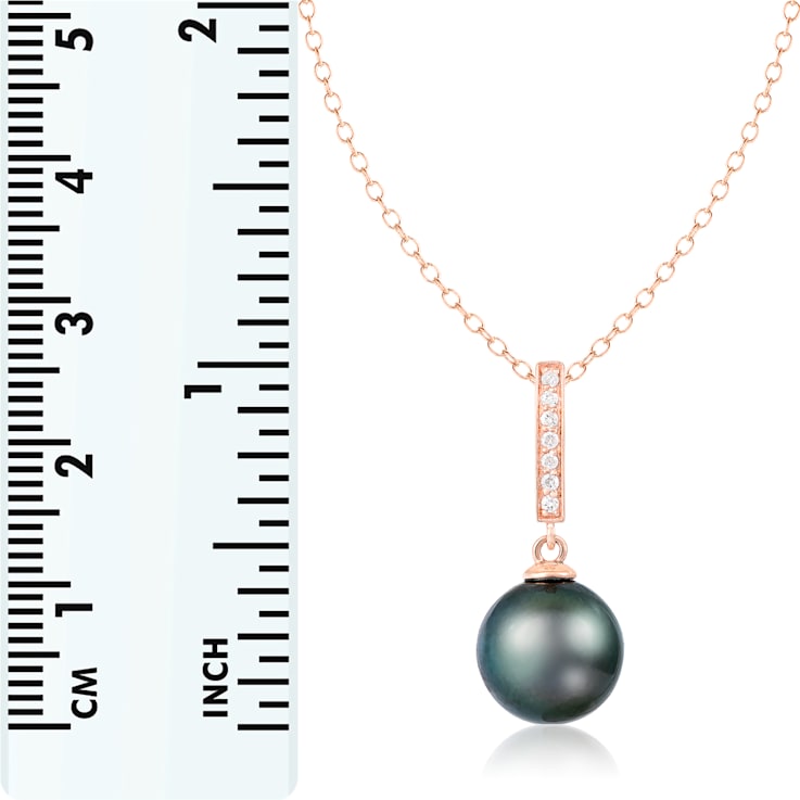 Black Cultured Tahitian Pearl and Diamond 14k Rose Gold Pendant 10-11mm