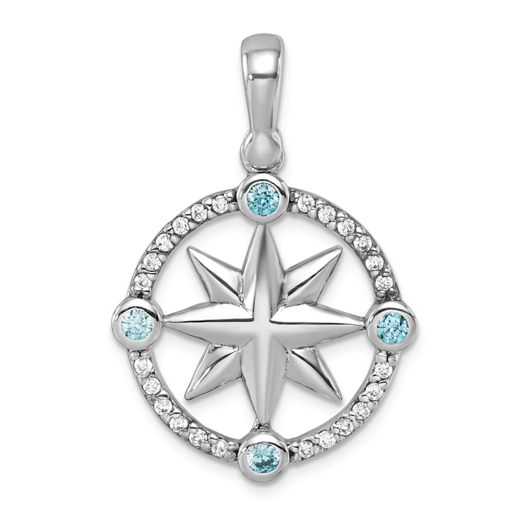Rhodium Over Sterling Silver Polished Cubic Zirconia Compass Pendant