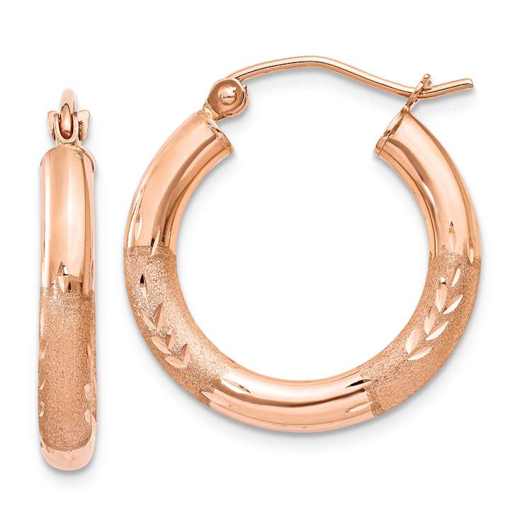 14k Rose Gold Satin and Diamond-Cut 9/16" Hoop Earrings