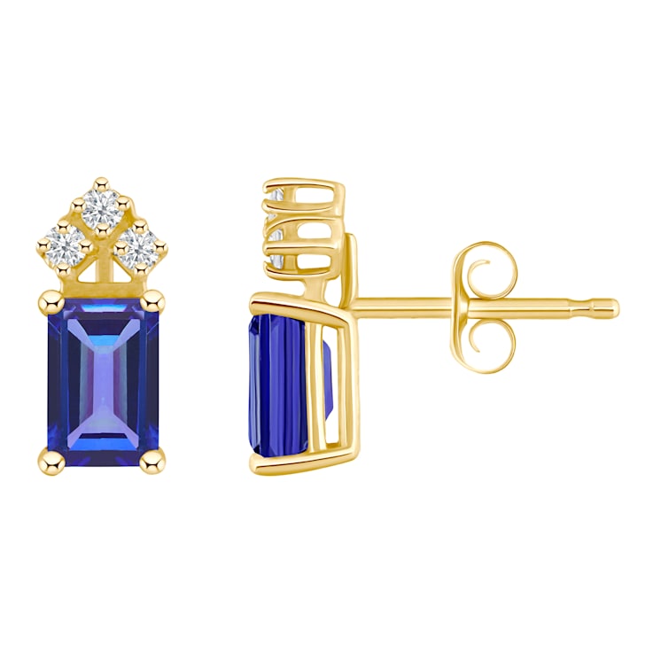 6x4mm Emerald Cut Tanzanite with Diamond Accents 14k Yellow Gold Stud Earrings