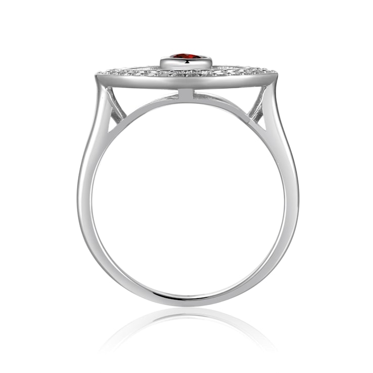 Garnet with Moissanite Accents Rhodium Over Sterling Silver Evil Eye
Halo Ring