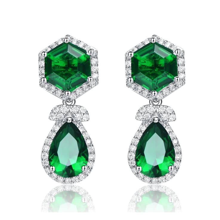 Emerald Color CZ Halo Drop Earrings In Sterling Silver