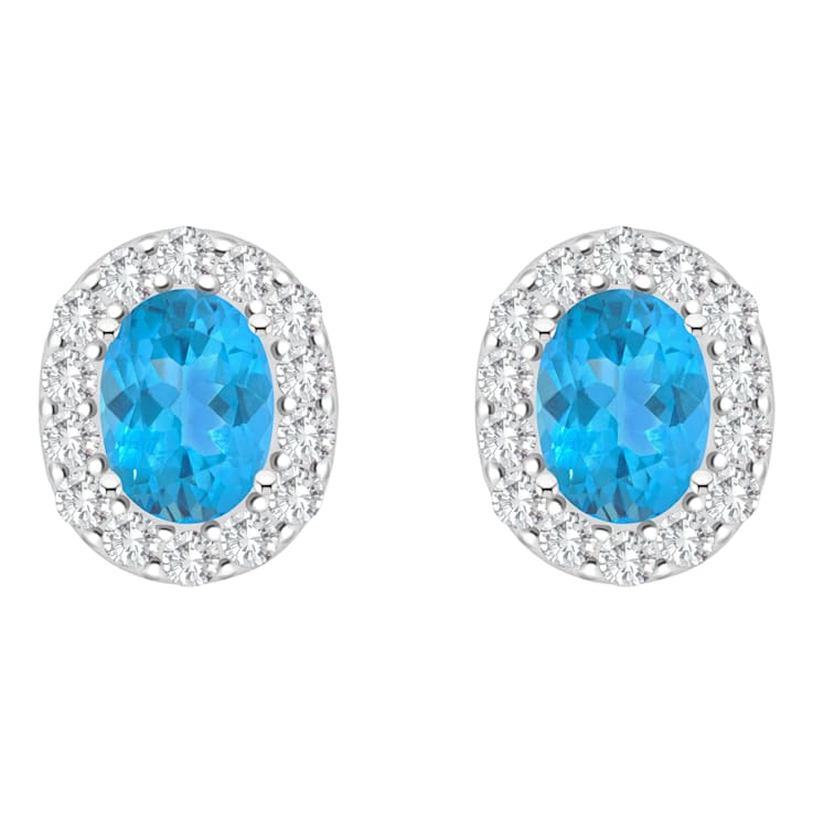 8x6mm Oval Swiss Blue Topaz And White Topaz Accent Rhodium Over Sterling
Silver Halo Stud Earrings