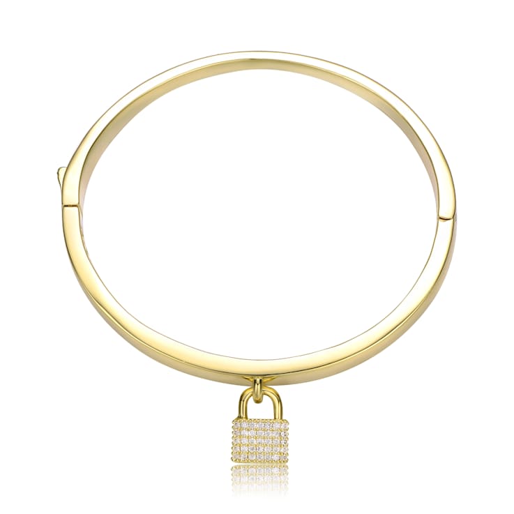CZ Pave Padlock Charm Stacking Bangle Bracelet In 14K Gold Over Brass