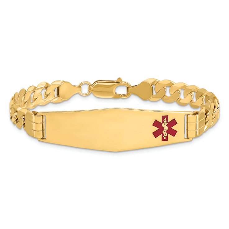 10k Yellow Gold Medical Soft Diamond Shape Red Enamel Curb Link ID Bracelet
