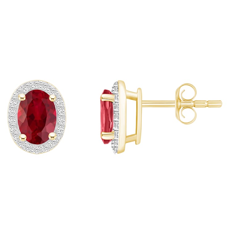 7x5mm Oval Created Ruby And Created White Sapphire 10k Yellow Gold Halo
Stud Earrings