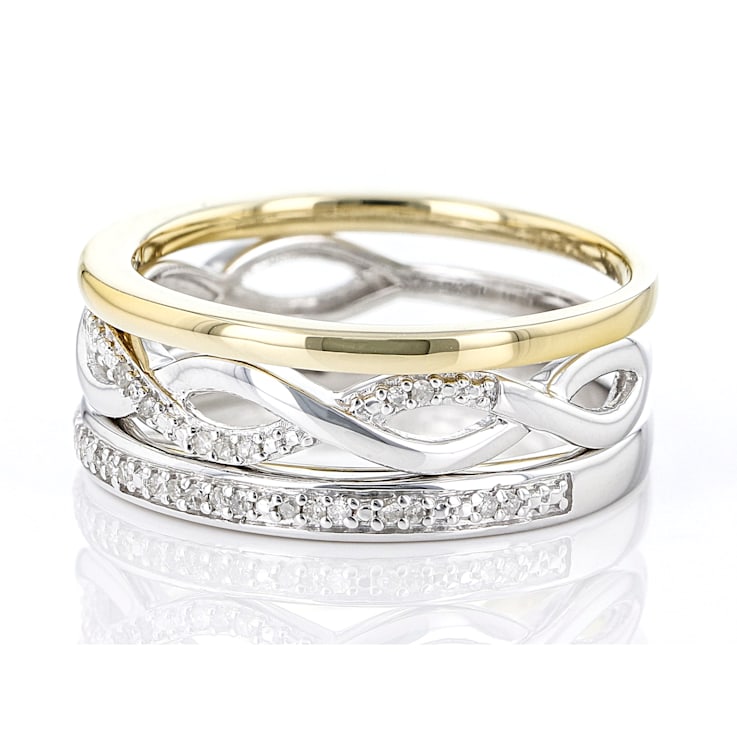 White Diamond Rhodium And 14k Yellow Gold Over Sterling Silver 3
Stackable Rings 0.10ctw