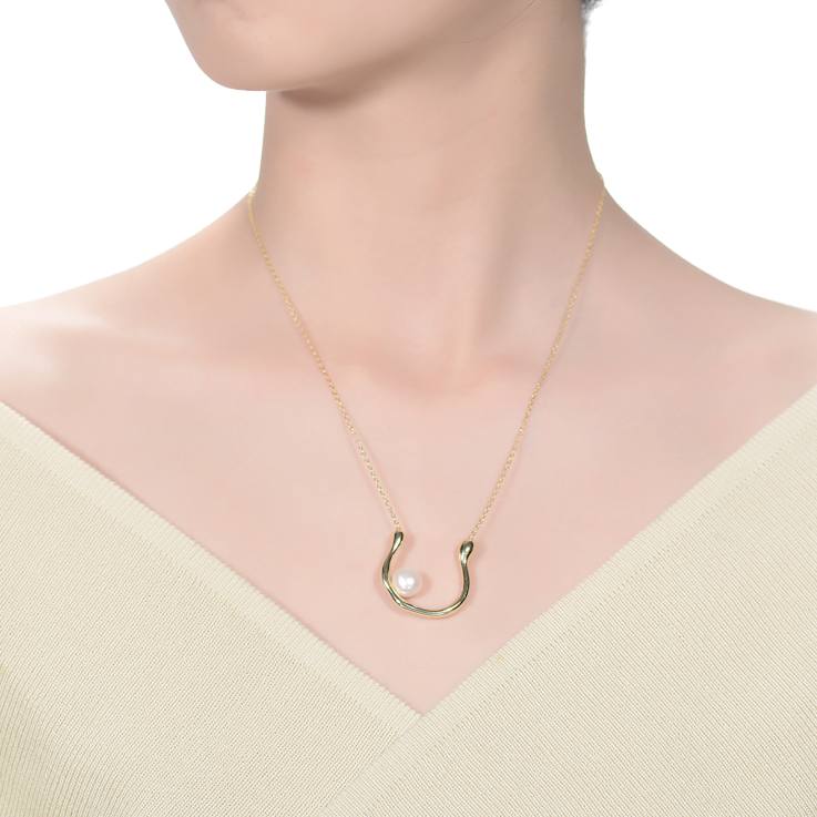 Pear Shape Freshwater Pearl U Necklace In 14K Gold Over Sterling Silver